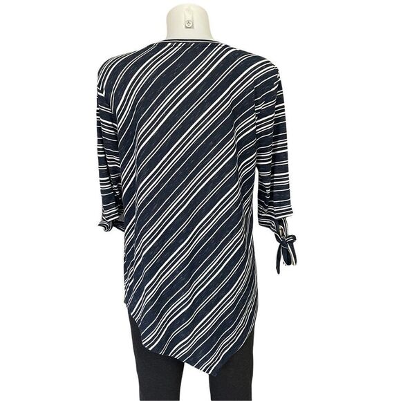 Tura by Vince Camuto Striped Assymmetrical Tunic Top 3/4 sleeves tie‎ cuffs sz M - Picture 5 of 6